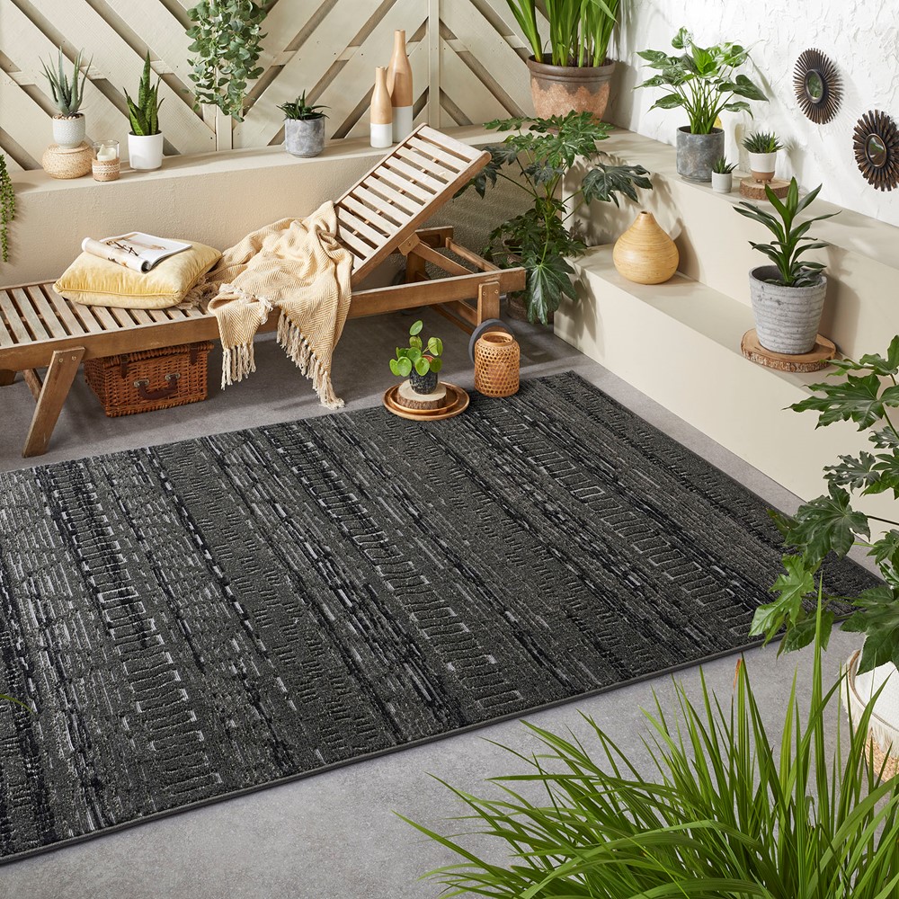 Monaco Tribal Indoor Outdoor Modern Rugs in Charcoal Grey